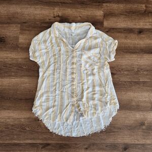 Umgee Yellow Stripe Relaxed Fit Button Down Fringe Sleeveless Shirt